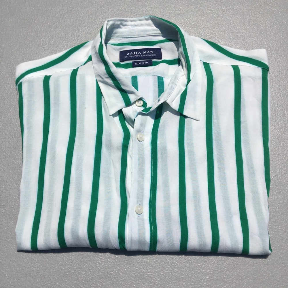 Zara Relaxed Fit White/Green Short-Sleeves Shirt